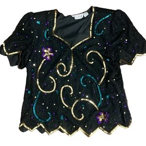 VTG Laurence Kazar Black Sequined Top- Short Sleeved- in great VTG condition- XL
